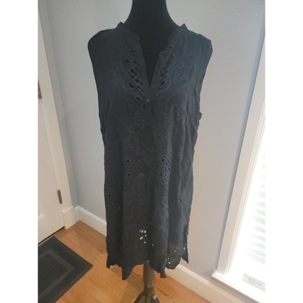 Johnny Was Embroidered Eyelet Sleeveless Dress Black Boho‎ Chic Blouse Medium